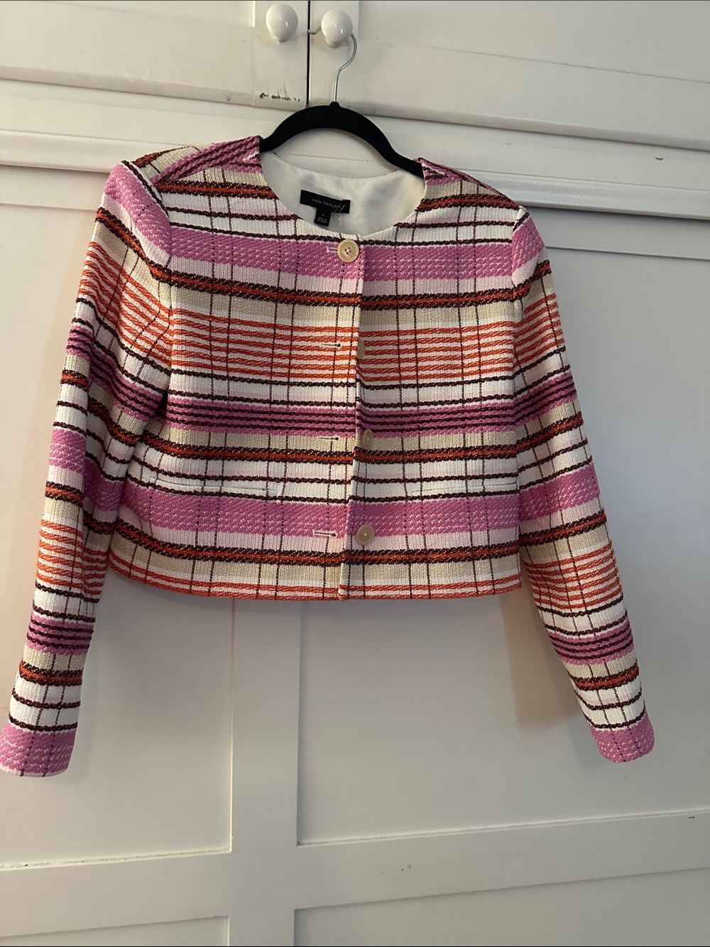 Ann Taylor Pink & Orange Plaid Cropped Jacket